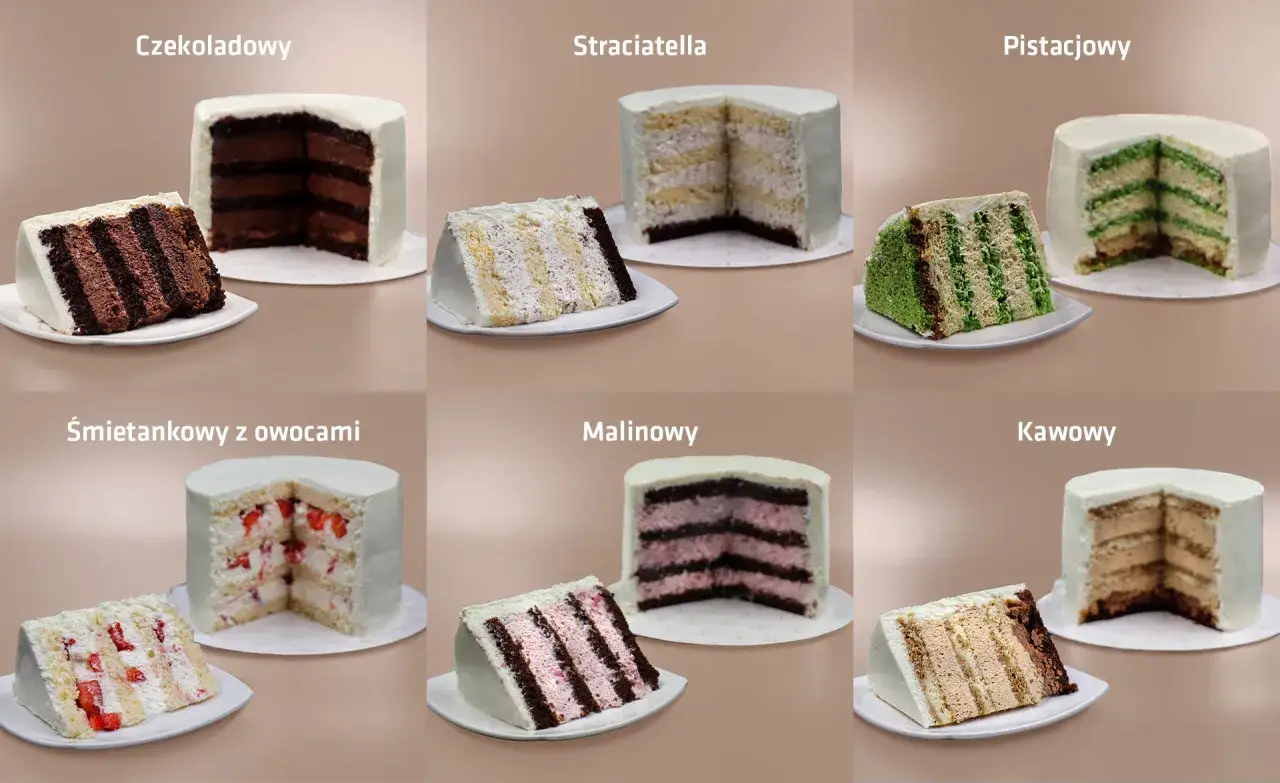 Jaki smak tortu na urodziny? Czekoladowy, pistacjowy, malinowy, śmietankowy z owocami, straciatella i kawowy.